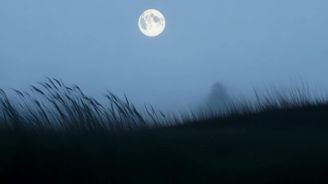 Wind blowing on grass at night with a full moon in the background, creating a spooky and mysterious atmosphere perfect for halloween projects