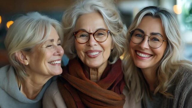 three generation of women smiling together at home, happy family mother and daughters togetherness