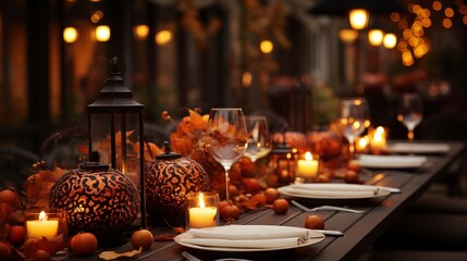 Obraz premium Thanksgiving table setting outdoors with pumpkins and candles.
