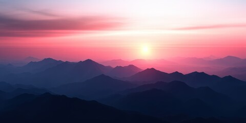 Fototapeta premium Foggy evening mountainscape at sunset in soft pastel hues