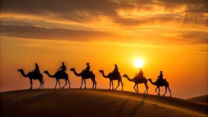 A desert safari in Dubai, with camels silhouetted against the setting sun