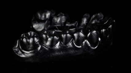black model of a resin jaw from a 3D printer on a black background