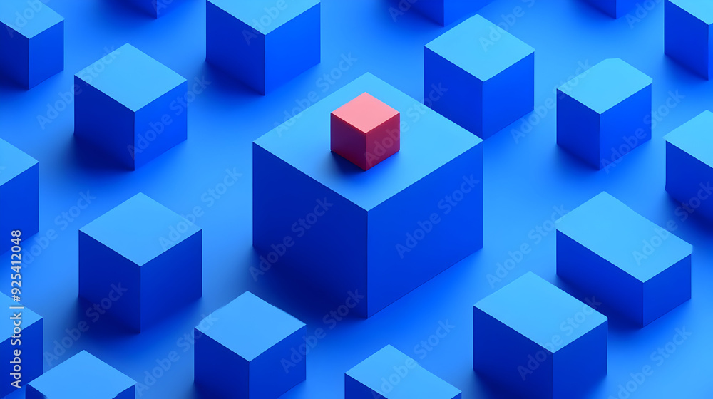 Poster a visual of blue cubes with one red cube on a pedestal, emphasizing contrast and focus.