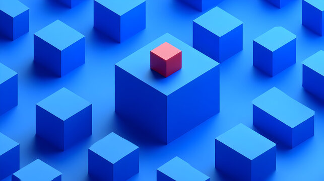 Fototapeta A visual of blue cubes with one red cube on a pedestal, emphasizing contrast and focus.