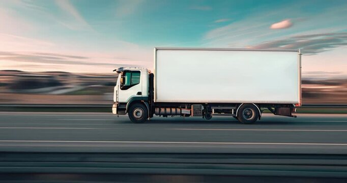delivery cargo trucks driving in motion blur on highway road in city sunset landscape concept of lorry logistic freight transportation business