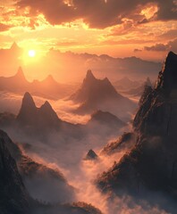 Fototapeta premium Mountains shrouded in evening fog with a sunset in the background