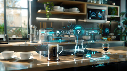 Smart Home Kitchen with Futuristic Interface Illustration