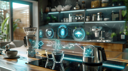 Smart Home Kitchen with Futuristic Interface - 3D Illustration