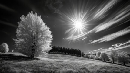 Black and white infrared photo of a serene landscape with trees and dramatic sunlight.