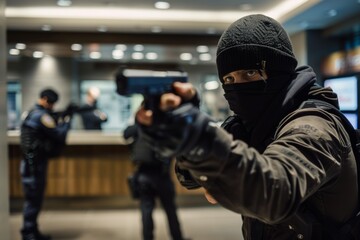 Tense Bank Robbery Standoff in Modern Bank - Police and Robber Face Off Dramatic Scene