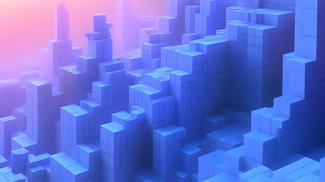 Abstract 3D background with blue blocks and a soft, pink glow.