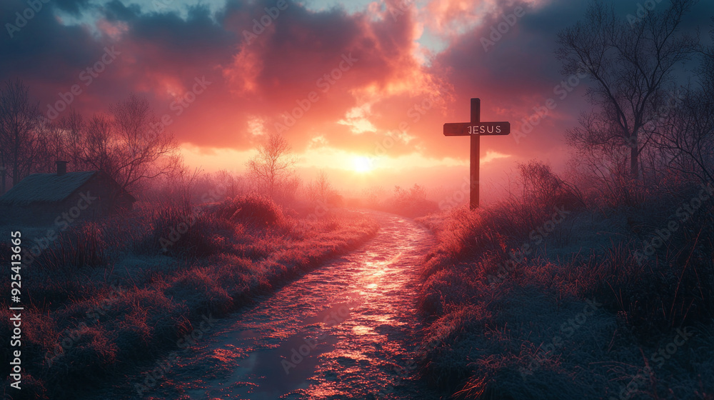 Poster a beautiful landscape features a wooden cross marked with the word jesus at sunset, surrounded by mi