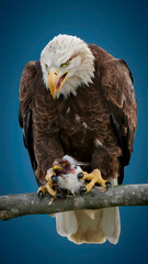 Naklejka premium Bald Eagle Perched on Branch Eating Prey Between Claws, with Blue Background, Realistic Photo, Standard Background, Wallpaper, Cover and Screen for Smartphone, Cell Phone, Computer, Laptop