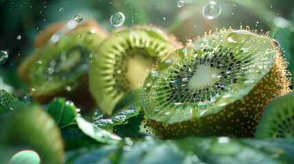 Juicy slices of kiwi in close-up, covered with water droplets, against a background of green leaves in sunlight