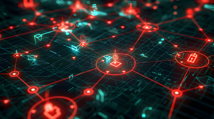 Abstract 3D Illustration of a Network Map with Red and Green Lines