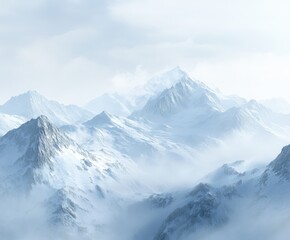Obraz premium Fog-covered mountains at noon create a serene winter landscape