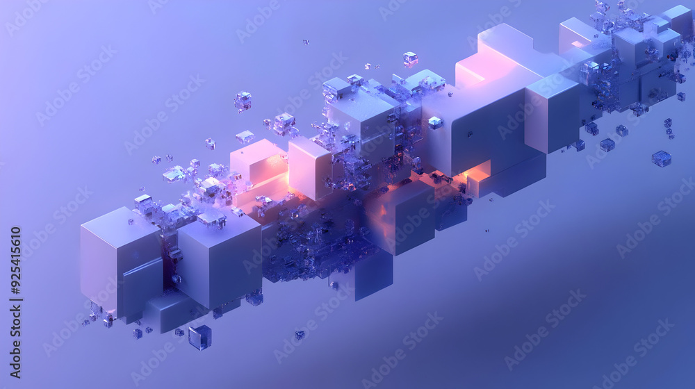 Poster abstract 3d composition with blocks and glowing elements in a purple hue.