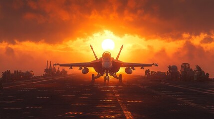 Fighter jet on aircraft carrier at sunset - generative ai