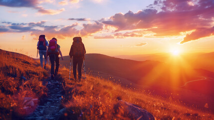 Obraz premium Tourists Travel Through the Mountains at Sunset