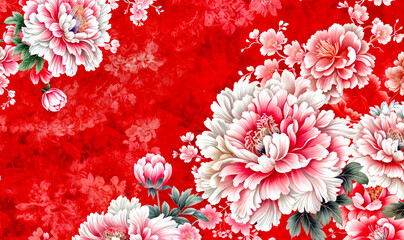 Red background with bunch of pink flowers on the top of it.