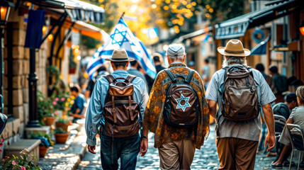 Obraz premium Group of men walking down street with backpacks on their backs.