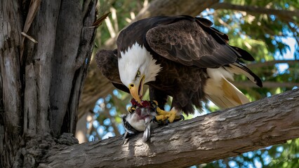 Bald Eagle Perched on Branch in Nature, Devouring Prey Between Claws, Realistic Photo, Pattern Background, Wallpaper, Cover and Screen for Smartphone, Cell Phone, Computer, Laptop