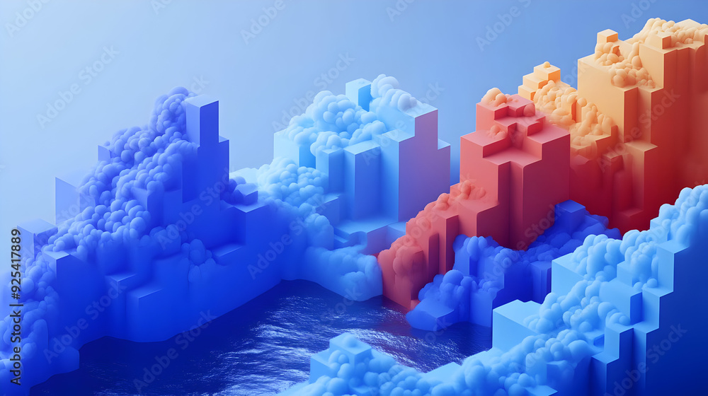 Poster abstract 3d landscape with colorful cloud-like structures and water elements.