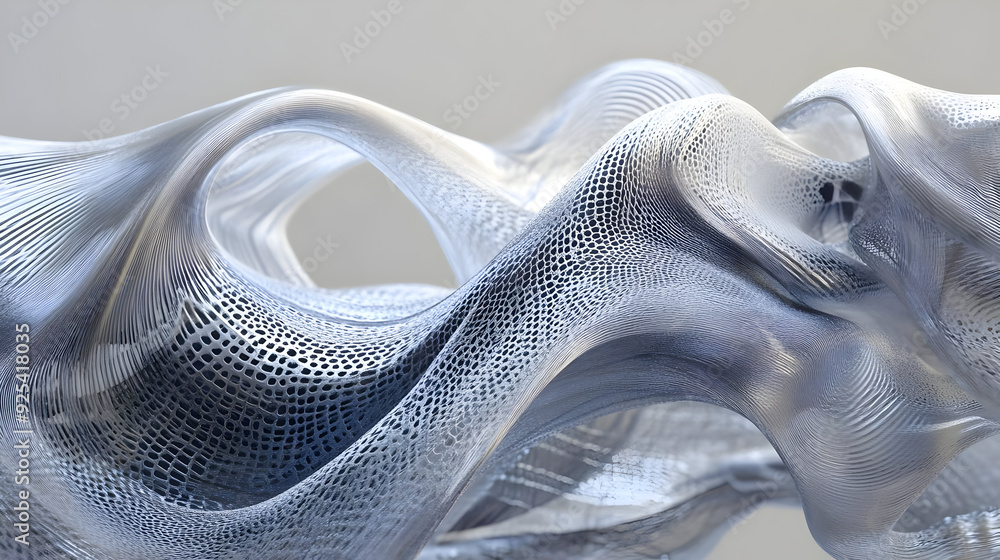 Poster abstract 3d mesh design showcasing fluid shapes and textures.