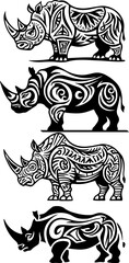 Obraz premium Set of four rhinos drawn in the tribal Polynesian tattoo style. Vector monochrome sketches of the animal on a transparent background