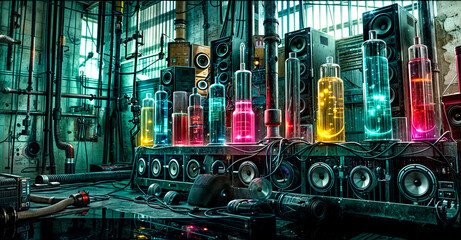 Room filled with lots of different types of electronic devices and speakers on top of table.