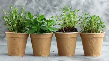Obraz premium Potted fresh garden herbs.Rosemary, mint, pepper and strawberry in brown paper package