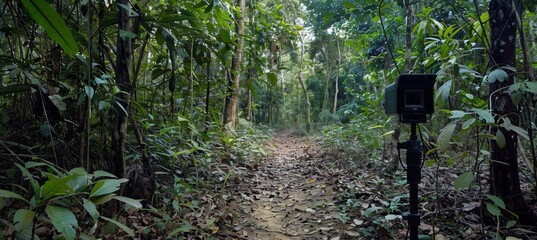 Wildlife Camera Trap in Lush Forest Capturing Rare Animal for Conservation Efforts