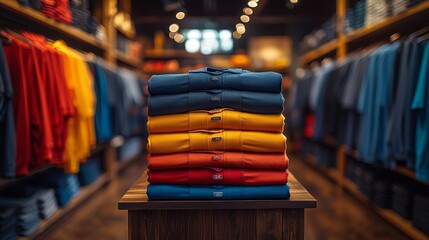 Stacked colorful clothes in a store - generative ai