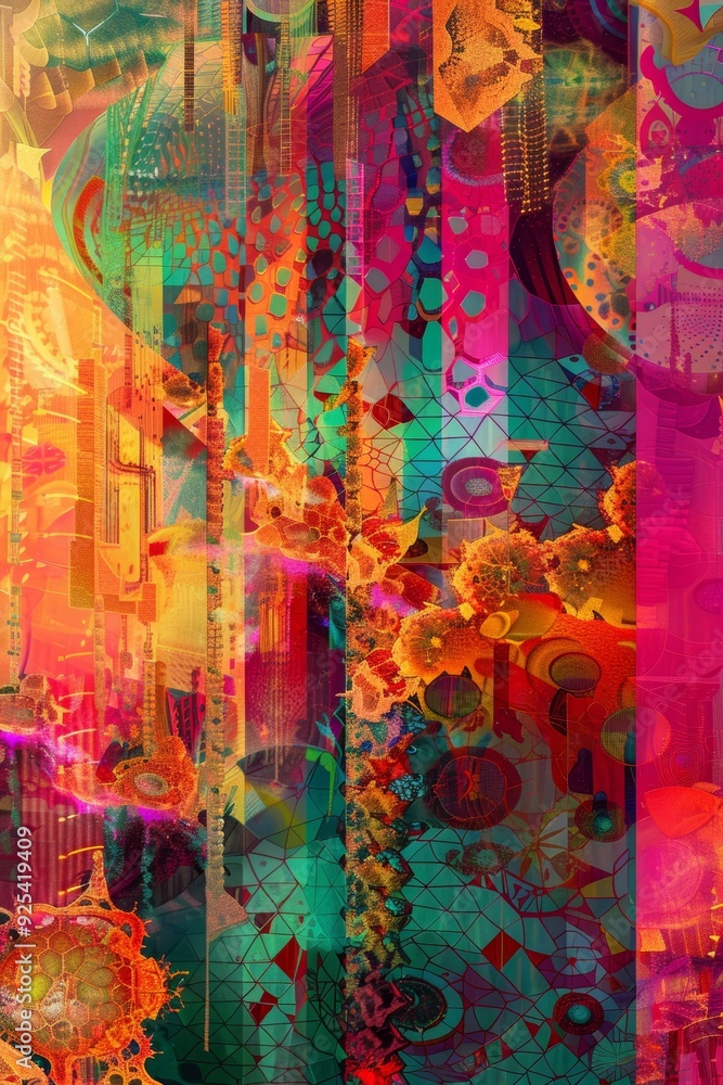 Poster abstract digital art depicting vibrant transformation of signals through digital signal processing