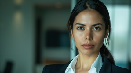 Fototapeta premium A confident businesswoman, wearing a black suit, gazes intently into the camera while standing in a modern, professional office setting.