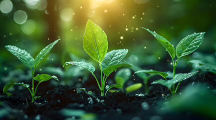 Green Shoots Growing in Sunlight with Dew Drops - Realistic Photo