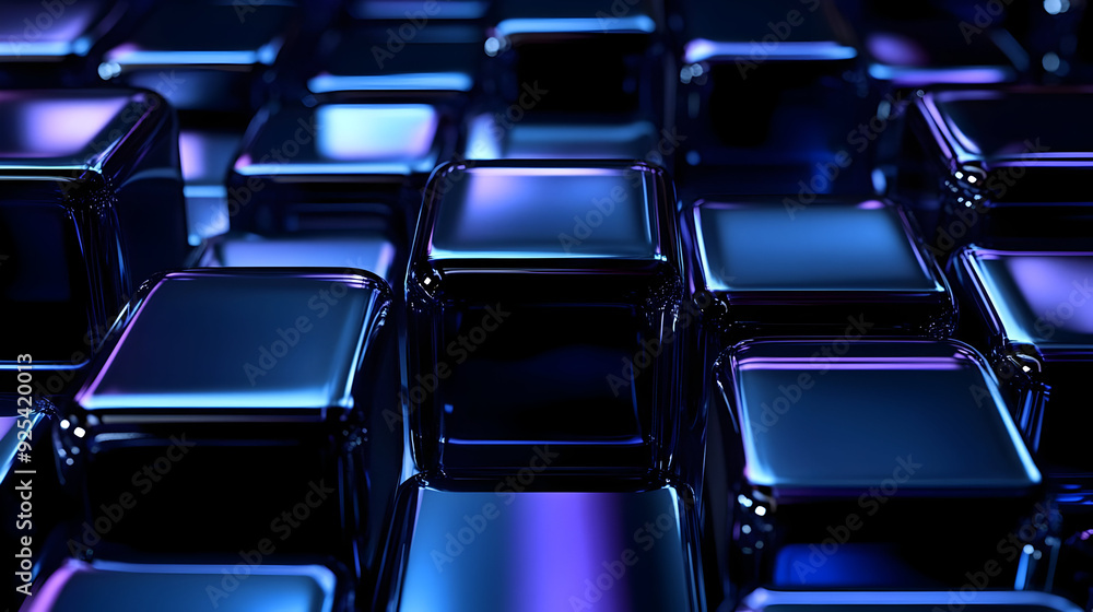Poster abstract 3d rendering of shiny, dark blue cubes.