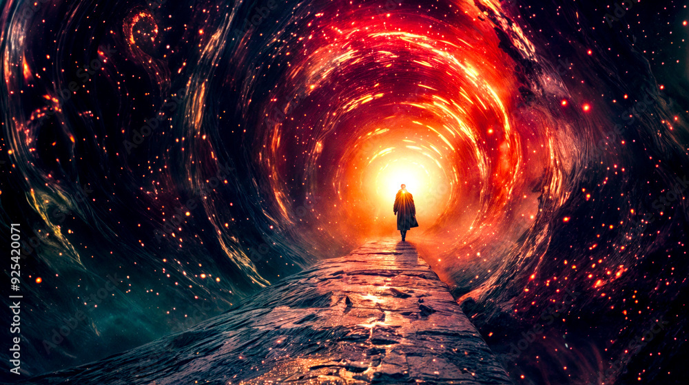 Aufkleber man standing in the middle of tunnel with bright light at the end.