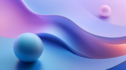 Abstract 3D rendering of two spheres on a flowing purple and blue background.