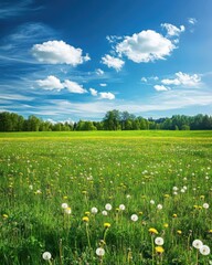 Vibrant spring meadow with dandelions under a bright blue sky with fluffy clouds.