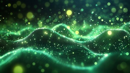 Abstract Green Glowing Grid Wave