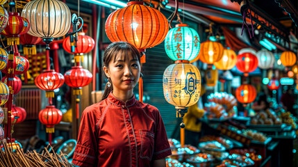 Obraz premium Woman standing in front of store filled with chinese lanterns and lights.