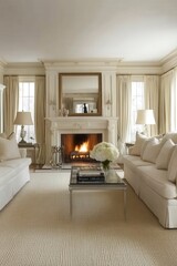 Fototapeta premium Cozy minimalist living room with a fireplace and elegant decor