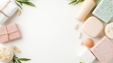 Flat Lay of Wellness Products on Clean White Surface for Spa and Self-Care