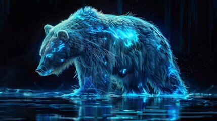 bioluminescent bear looking forward, close-up view, magic light, neon watercolor