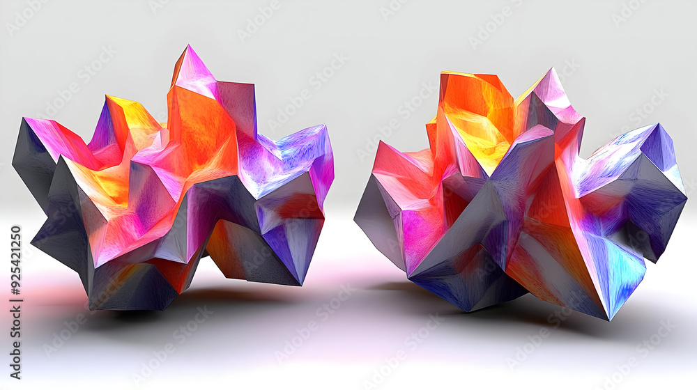 Poster abstract 3d shapes with vibrant colors and sharp edges, showcasing digital art design.