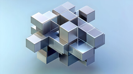 Abstract 3D structure of interlocking cubes with a metallic finish.