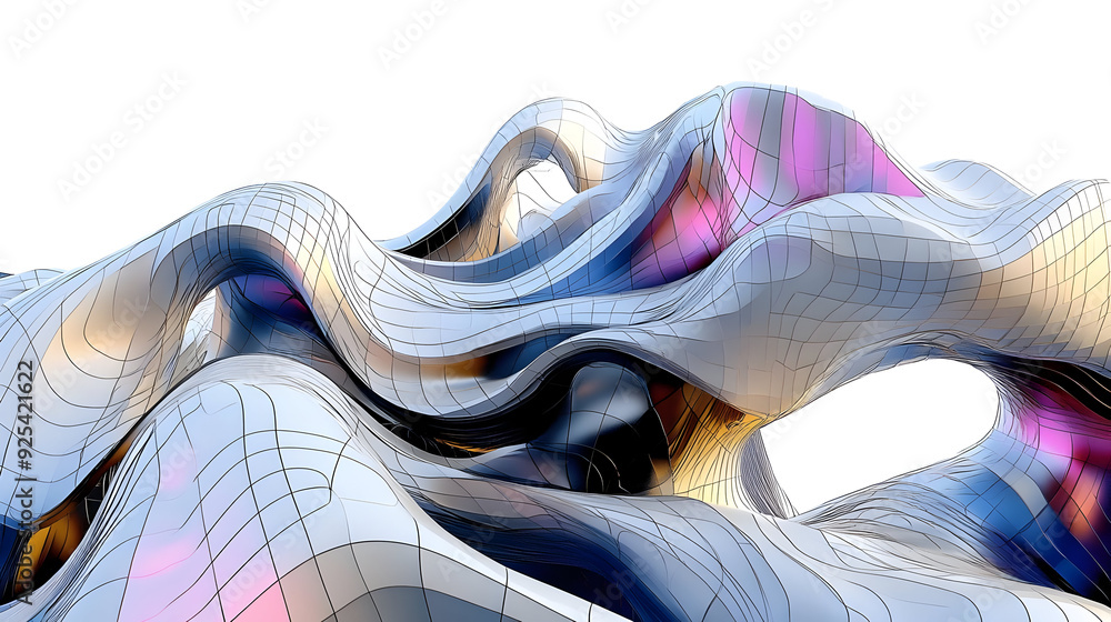 Poster abstract 3d surface with flowing curves and a grid pattern, showcasing vibrant colors.