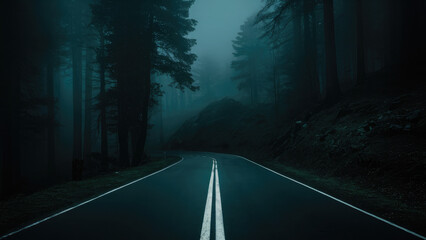 Tranquil road in the fog through a forest at night.