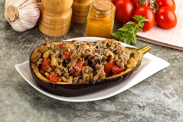 Baked eggplant stuffed meat and tomato